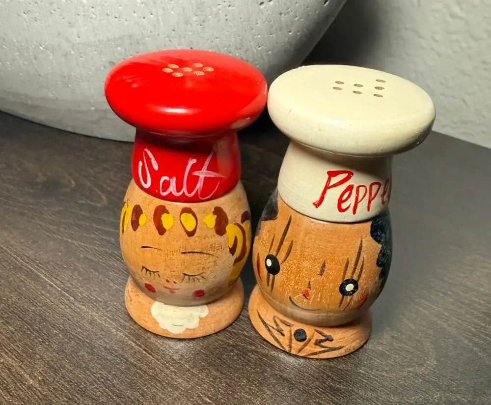 Vintage 1950's-60's Chef Salty and Peppy Wood Shakers Painted Made in Japan